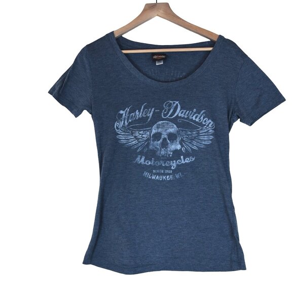 Harley Davidson Skull Wings Tee Size L Blue Biker Rocker Grunge y2k - Picture 2 of 7